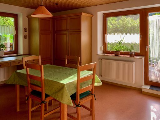 Wohnküche Ein heller Essbereich mit einem grünen Tisch und Holzstühlen, Fenstern mit Sicht ins Freie.